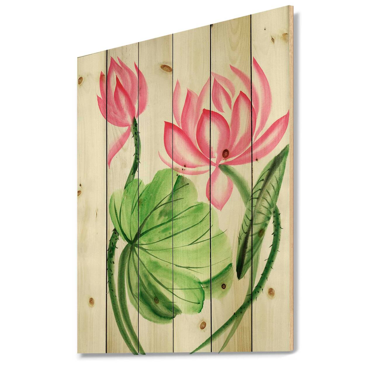 Designart - Lotus and The Dragonfly II - Traditional Print on Natural Pine Wood